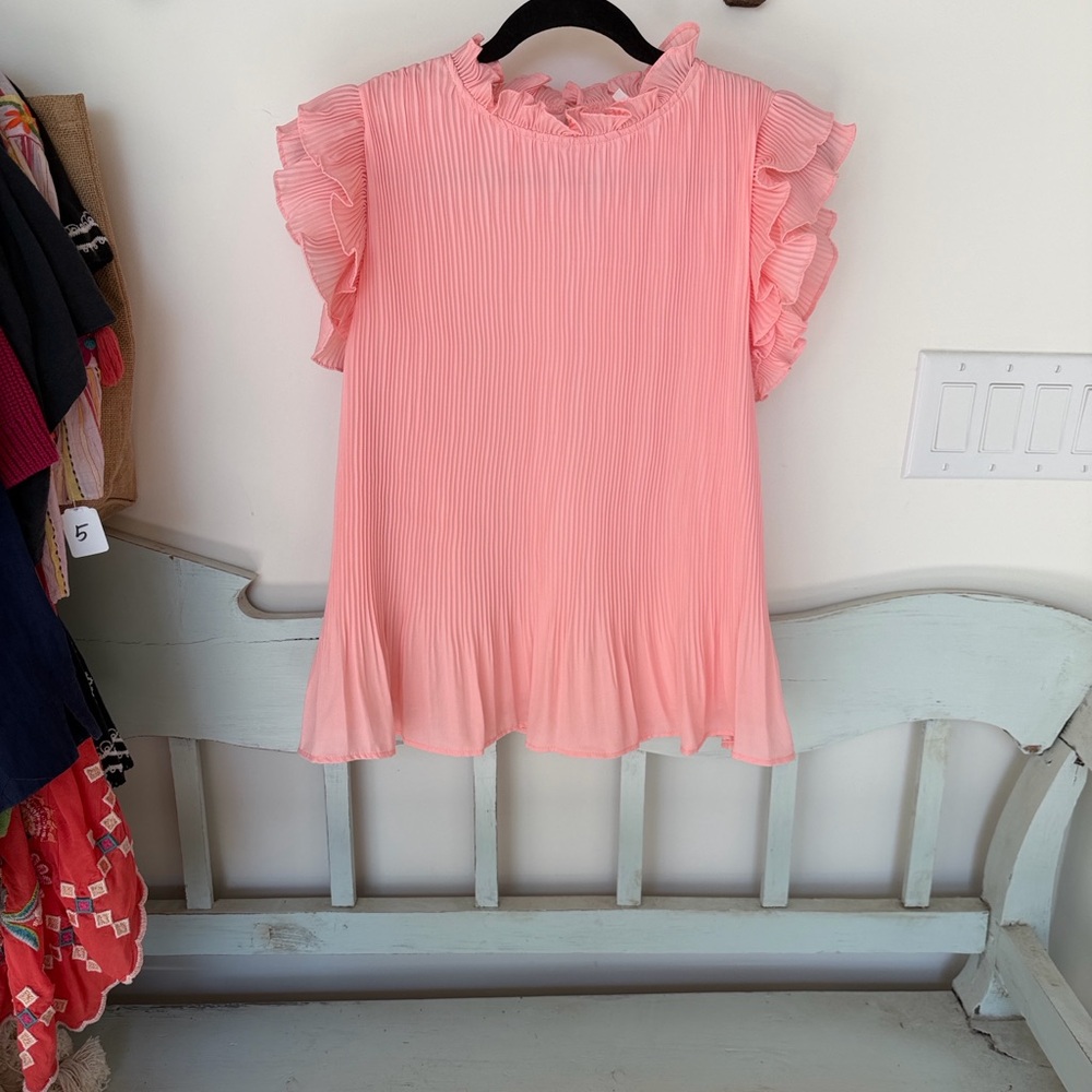 TCEC Pleated Ruffle Sleeve Top - Pink